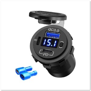 Врезной разъем USB в авто (круглый) AC03 12-24V USB+2TYPE-C QC3.0+PD30W Вольтметр