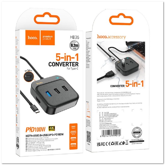 TYPE C-HUB на 5 портов HOCO HB36 (USB3.0/USB2.0*2/HDTV/TYPE C 100W)