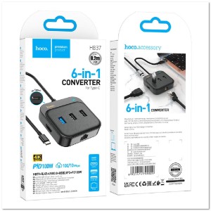 TYPE C-HUB на 6 портов HOCO HB37 (USB3.0/USB2.0*2/HDTV/TYPE C 100W/RG45)