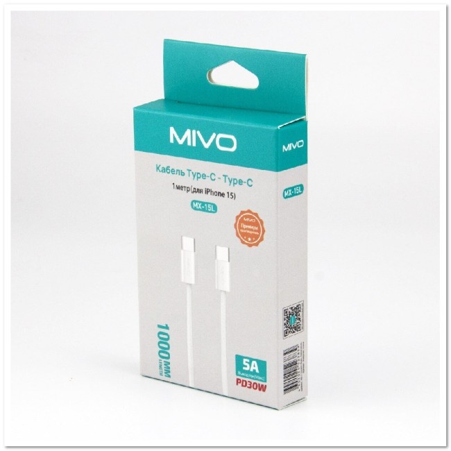 Кабель TYPE C на TYPE C MIVO MX-15 (L=1M) 5А 30W с нейлоновой оплеткой