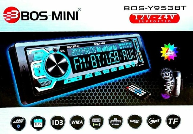 Автомагнитола BLUETOOTH BOS-MINI Y953BT 12-24V/МУЛЬТИРУЛЬ/7 ЦВ./ЕВРОРАЗЪЁМ/ОХЛАДИТЕЛЬ