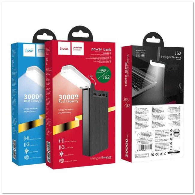 POWER-BANK HOCO J62 30000 mAh 3 USB, micro USB, USB-C, фонарик,  LED-дисплей