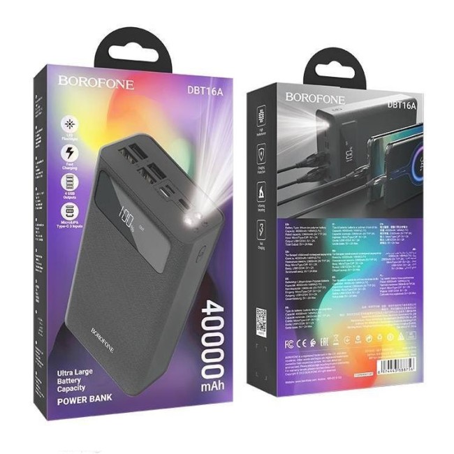 POWER-BANK BOROFONE DBT16A 40000mAh PD+QC 3.0 18W, 4 USB, micro USB, USB-C, Lightning LED-дисплей