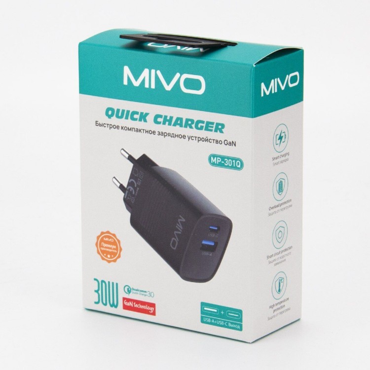 СЗУ MIVO MP-301Q с USB+TYPE-C портами Q3.0 30W БЫСТРЫЙ ЗАРЯД