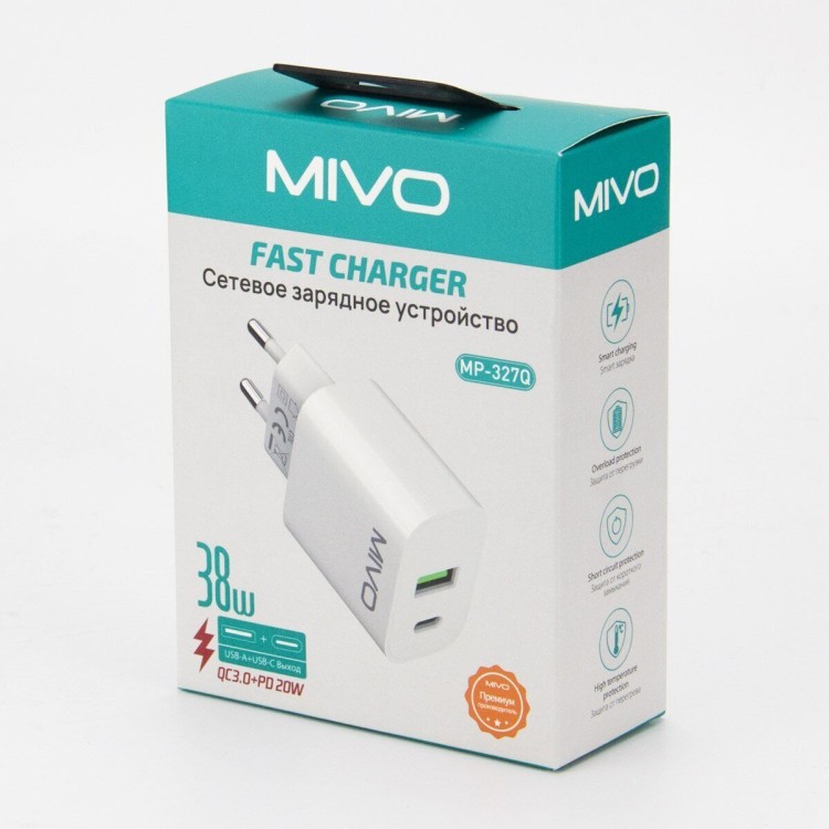 СЗУ MIVO MP-327Q с USB+TYPE-C портами Q3.0 38W БЫСТРЫЙ ЗАРЯД