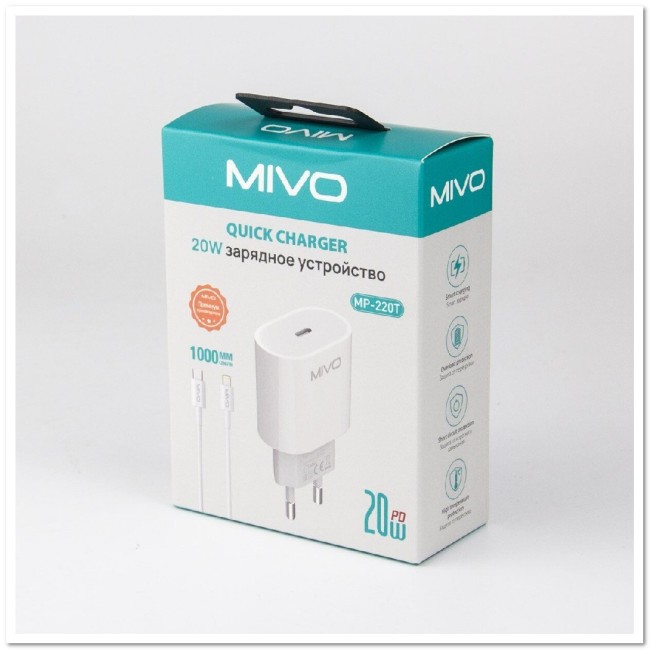 СЗУ MIVO MP-220T c TYPE-C портом + кабель Lightning PD3.0 20W