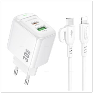 СЗУ BOROFONE BAS45A с USB+ TYPE-C портом + кабель Lightning PD30W
