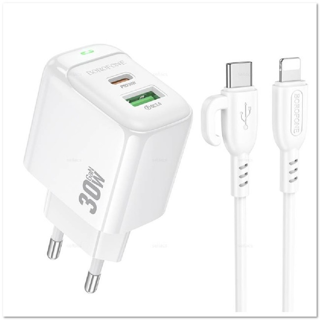 СЗУ BOROFONE BAS45A с USB+ TYPE-C портом + кабель Lightning PD30W