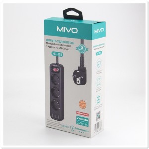 Сетевой фильтр MIVO MC-303, 2м 3 гнезда + 3 USB 2.4A, с переключателем, заземление 16A