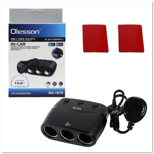 Автомоб. разветвитель Olesson на 2 прикур-ля + 2 USB + LED индик.напряж. (12/24 V) 1679