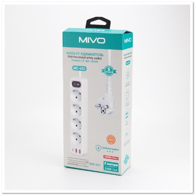 Сетевой фильтр MIVO MC-403, 2м 4 гнезда + 3 USB + 1 TYPE C CQ3.0+PD 20W, с переключателем, заземление 16A