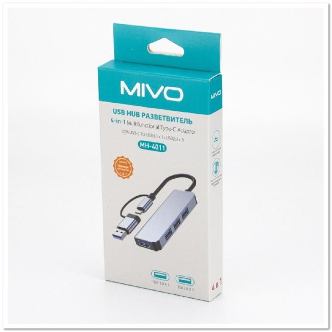 USB/TYPE C-HUB на 4 USB-порта MIVO MH-4011 (USB3.0+USB2.0*3)