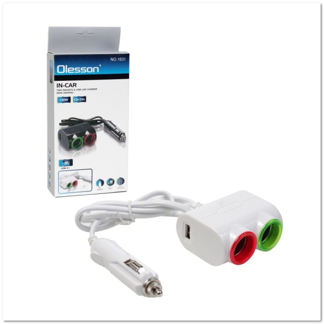 Автомоб. разветвитель Olesson на 2 прикур-ля + USB (12/24 V) 1631