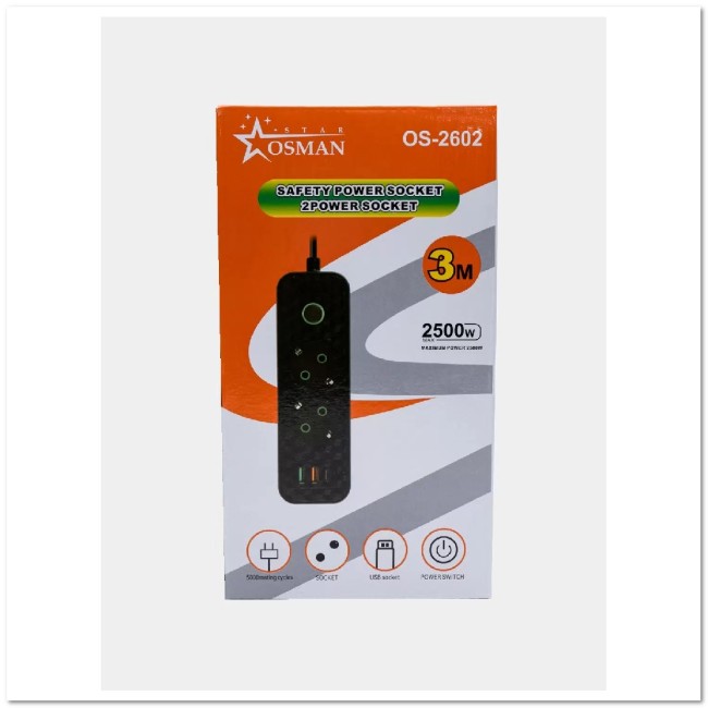 Сетевой фильтр OSMAN OS-2602, 3м 2 гнезда + 2 USB + TYPE C, с переключателем, заземление 10A