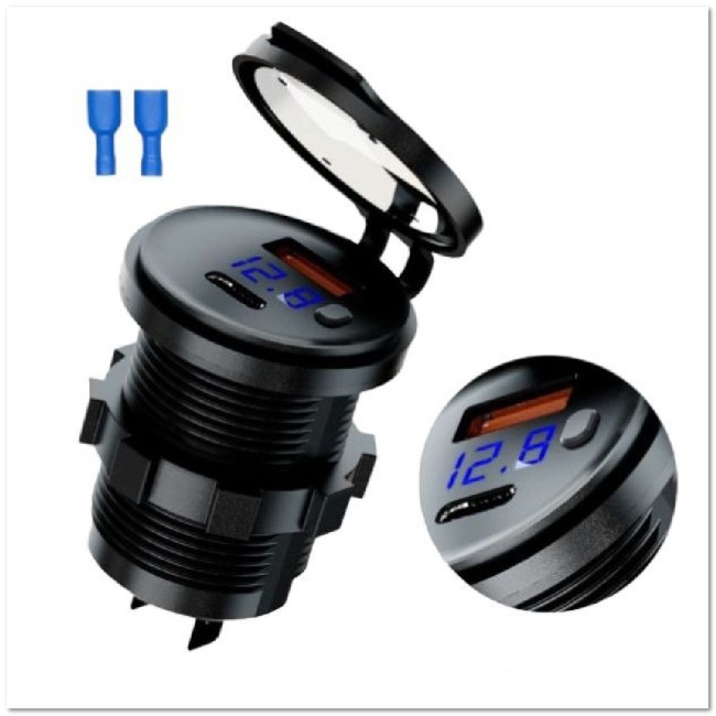 Врезной разъем USB в авто (круглый) CR1035 12-24V USB+TYPE-C QC3.0+PD30W Вольтметр