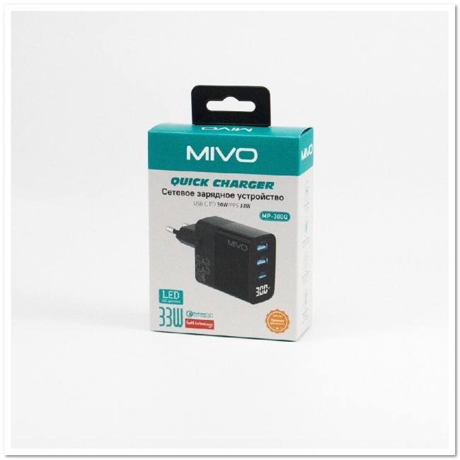 СЗУ MIVO MР-300Q с 2-мя USB+TYPE-C-портами  PD+QC3.0 33W LED-дисплей