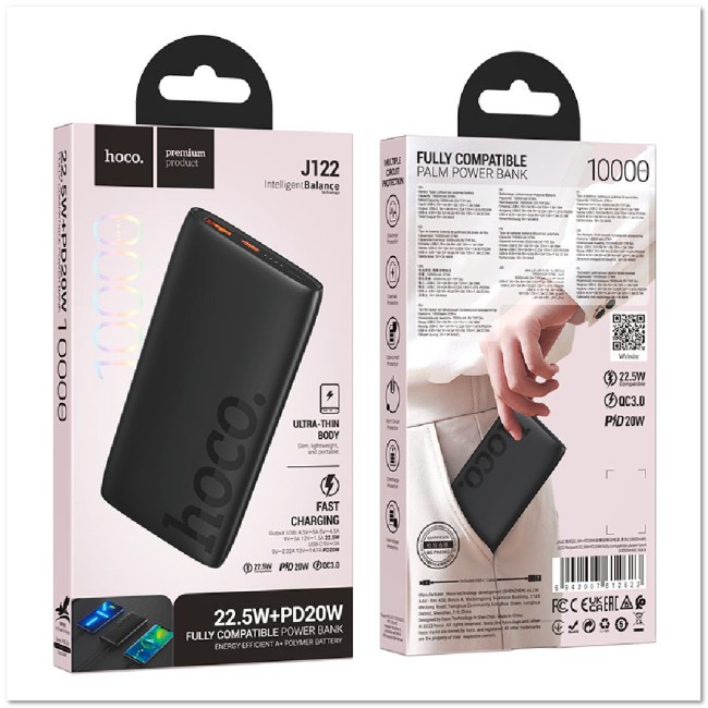 POWER-BANK HOCO J122 10000mAh 22.5W+PD20W 1USB, TYPE-C ULTRA-THIN