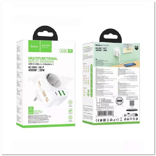 СЗУ HOCO AC26 с 2-мя USB+TYPE-C-портами+розетка  PD20W+QC3.0