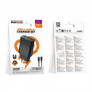 СЗУ BOROFONE BAS76A с USB+ TYPE-C портом + кабель Lightning PD30W