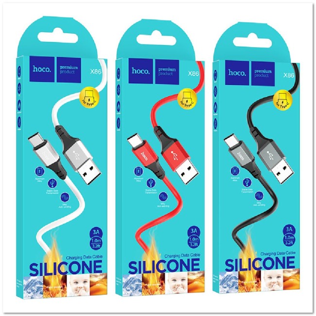 Кабель TYPE C HOCO X86 Silicone 3A (L=1М) (ЗАЩИТА ОТ ДЕТЕЙ/ОТ ПЕРЕГРЕВА/ОТ МОРОЗА)