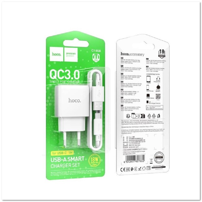 СЗУ HOCO C140А с USB + кабель TYPE-C CQ3.0 18W