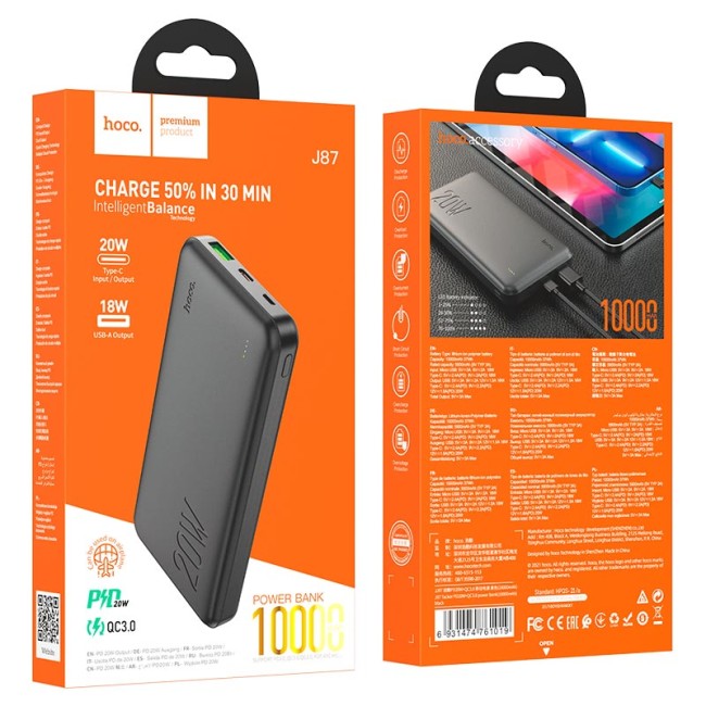 POWER-BANK HOCO J87 10000mAh PD+CQ3.0 1 USB,micro USB, USB-C, 20W