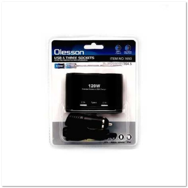 Автомоб. разветвитель Olesson на 3 прикур-ля + 2 USB + TYPE-C (12/24 V) 1653