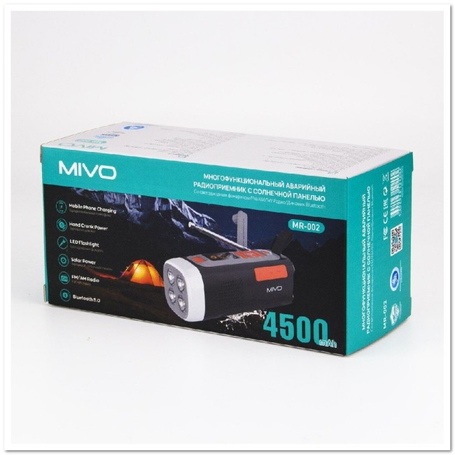 Радиоприемник Mivo MR-002 (Солнечная батарея, LED-диспл., фонарь, jack 3.5, 4500mAh)