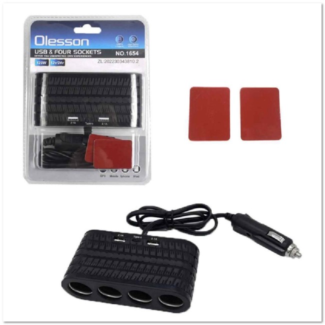 Автомоб. разветвитель Olesson на 4 прикур-ля + 2 USB + TYPE-C (12/24 V) 1654