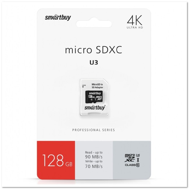 MicroSD Smartbuy6 128 Гб с SD-адаптером 10 класс Pro U3 UHS-I (70/90 Mb/s)