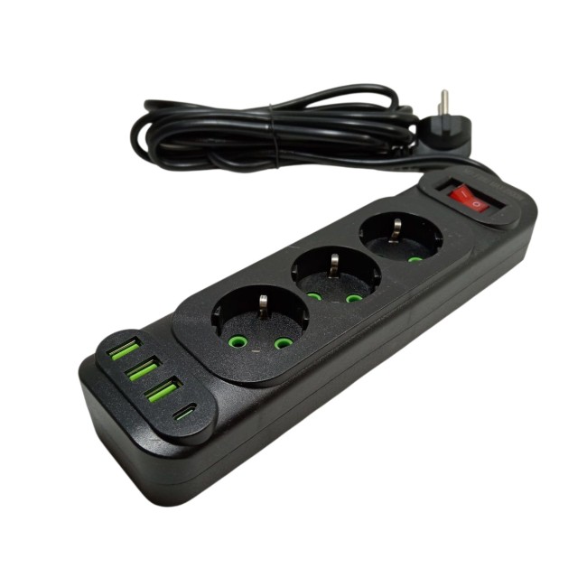 Сетевой фильтр POWER F23U 3м 3 гнезда + 3USB, TYPE-C. с переключателем, заземление 10А