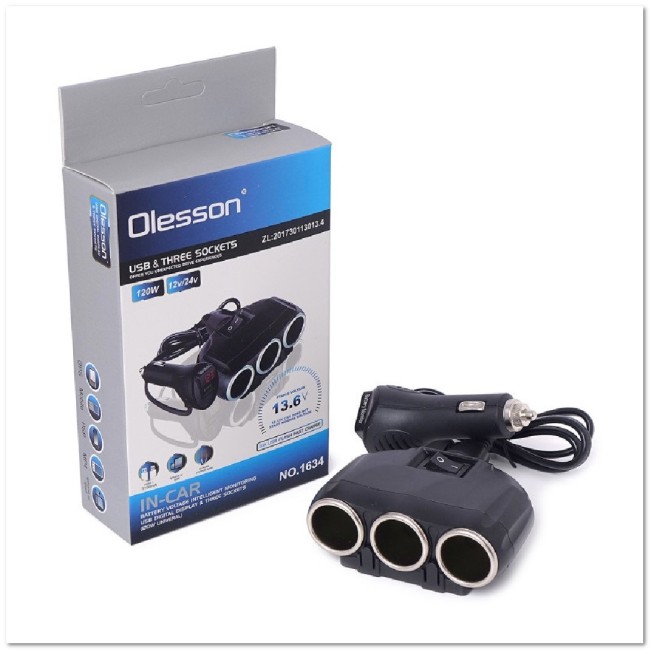 Автомоб. разветвитель Olesson с тумблером на 3 прикур-ля + USB + LED индик.напряж. (12/24 V) 1634