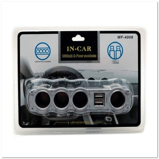 Автомоб. разветвитель на 4 прикур-ля + USB WF-4008