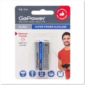 Батарейка алкалиновая GoPower Крона 6LR61 BL1 (10шт в кор.)