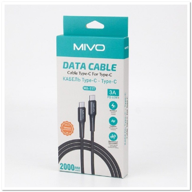 Кабель TYPE C на TYPE C MIVO MX-11 (L=2M) 3А 60W с нейлоновой оплеткой
