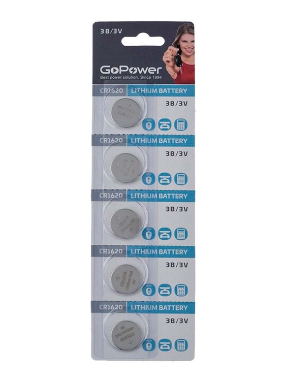 Литиевый элемент питания GoPower CR1620 3V BL5