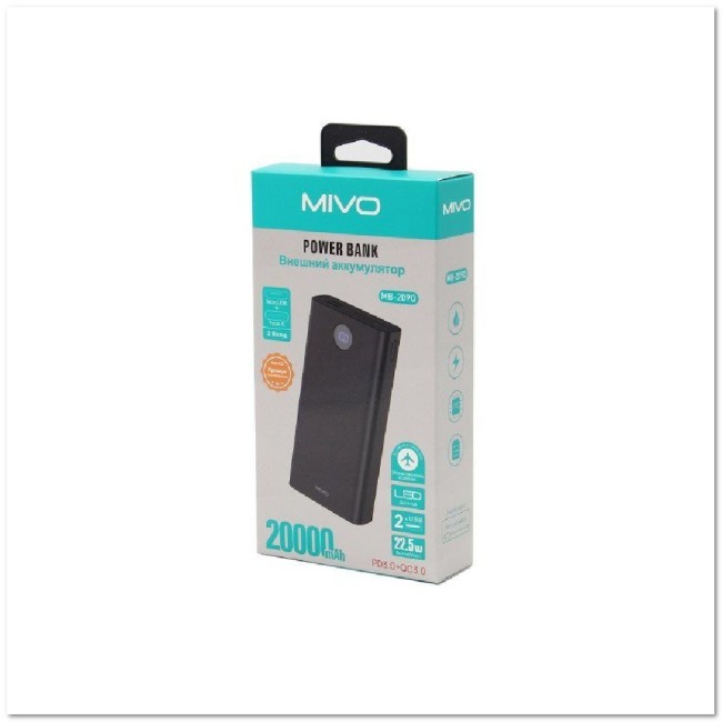 POWER-BANK MIVO MB-209Q 20000mAH PD+CQ3.0 2 USB, micro USB, TYPE-C, LED-дисплей