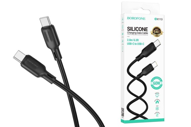1Кабель TYPE-C на TYPE-C BOROFONE BX113 3А (PD 60W) (1М) (ЗАЩИТА ОТ ДЕТЕЙ/ОТ ПЕРЕГРЕВА/ОТ МОРОЗА)
