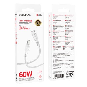 1Кабель TYPE C на TYPE C BOROFONE  BХ116 3А, PD60W, нейлоновый, 1м
