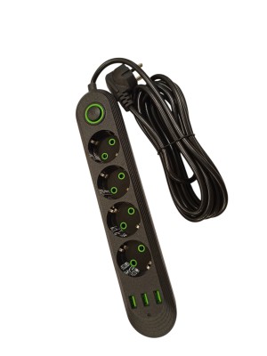 Сетевой фильтр POWER 1072U 3м 4 гнезда + 3USB, с переключателем, заземление 10А