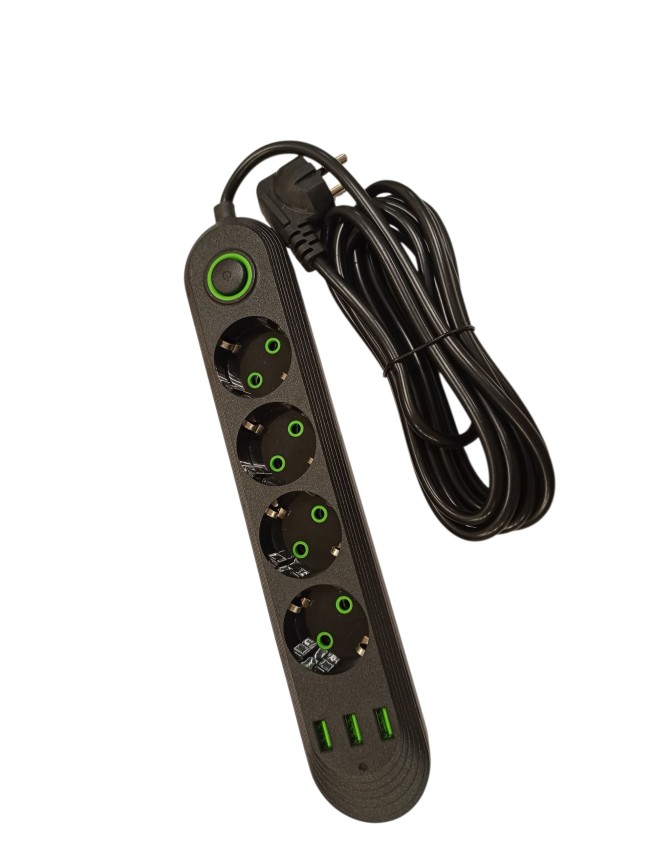 Сетевой фильтр POWER 1072U 3м 4 гнезда + 3USB, с переключателем, заземление 10А