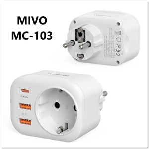 СЗУ MIVO MC-103 с 2-мя USB+TYPE-C-портами+розетка  PD20W+QC3.0