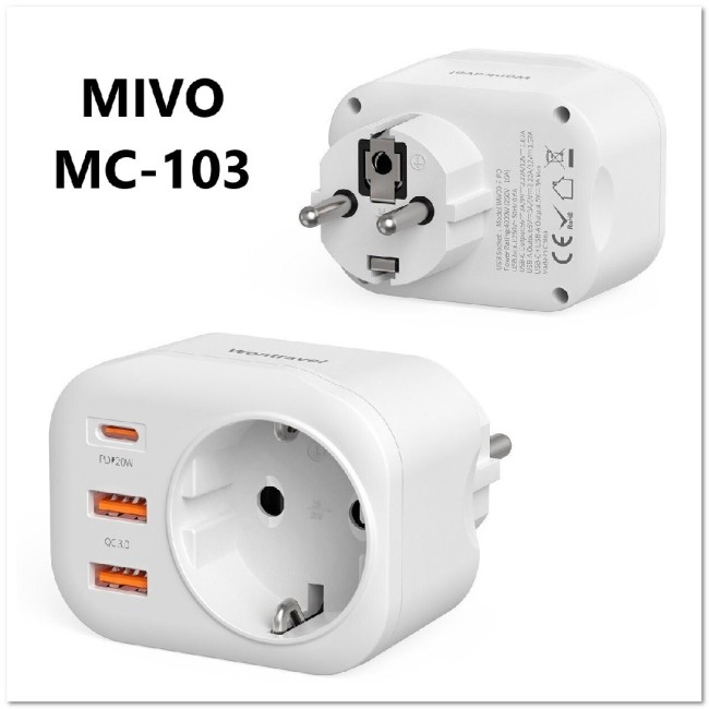СЗУ MIVO MC-103 с 2-мя USB+TYPE-C-портами+розетка  PD20W+QC3.0
