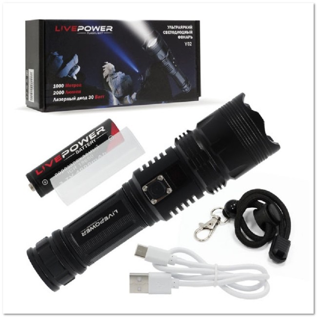 Фонарь ручной Y02 (ZOOM, 1*18650, 2000 lm, 5 режимов, 30W, LED дисплей)