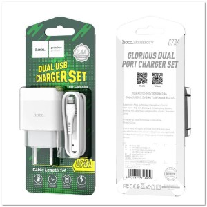 СЗУ HOCO C73A с 2-мя USB + кабель Lightning 2.4A