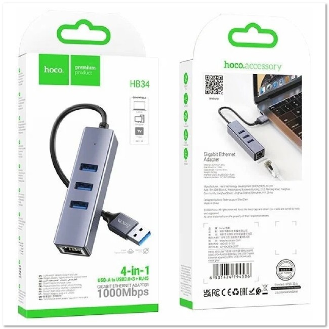 USB-HUB на 4 порта HOCO HB34 (USB3.0*3+RJ45)