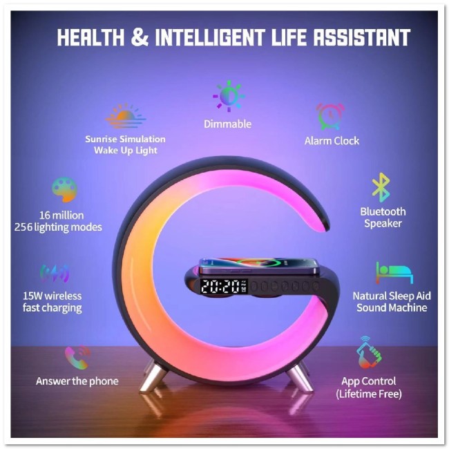 Портативный светильник ночник + BLUETOOTH - колонка + беспроводная ЗУ 15W G11 4 в 1