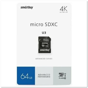 MicroSD Smartbuy4 64 Гб  U3 Advanced с SD-адаптером 10 класс (55/90 Mb/s)