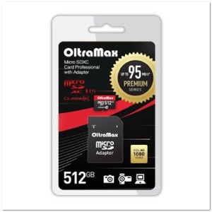 MicroSD OltraMax 512 Гб с SD-адаптером 10 класс U3 UHS-I (95 Mb/s)
