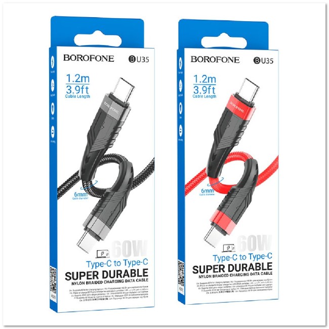 Кабель TYPE-C на TYPE-C BOROFONE BU35 3А 20V (PD 60W) (1.2М) (нейлоновый) толщина 6мм